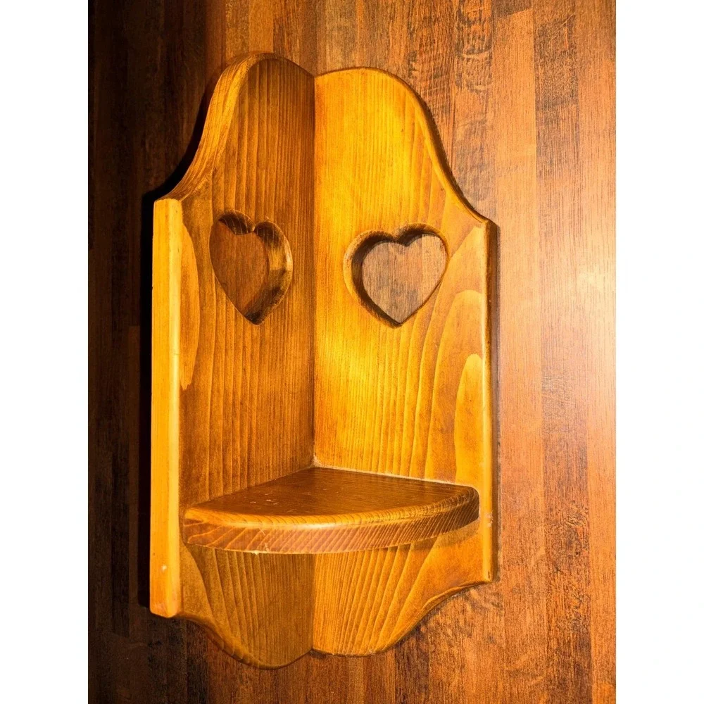 Vintage Pine Wood Corner Wall Shelf Heart Cutouts Country Farmhouse Decor 12in